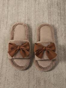 Solid Color Elegant Party Cute Polyester Applique Bow Fur Slippers Home Party Autumn/Winter - Khaki - View 8