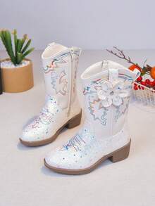 Girls' Shiny Sequin Embroidered Western Mid-Calf Boots, Sweet Autumn/Winter Party Dress-Up Boots - Beige - View 6