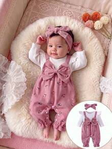 Baby Girl Ditsy Floral Jumpsuit With Bow Decor & Headband, Spring Autumn - Pink - View 3