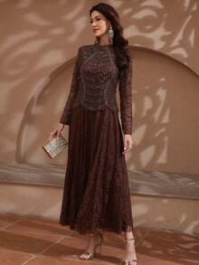 JINLICX Dark Brown High Neck Beaded Mesh Long Sleeve Lace Maxi Dress Luxury Formal Evening Gown For Wedding Banquet - Coffee Brown - View 4