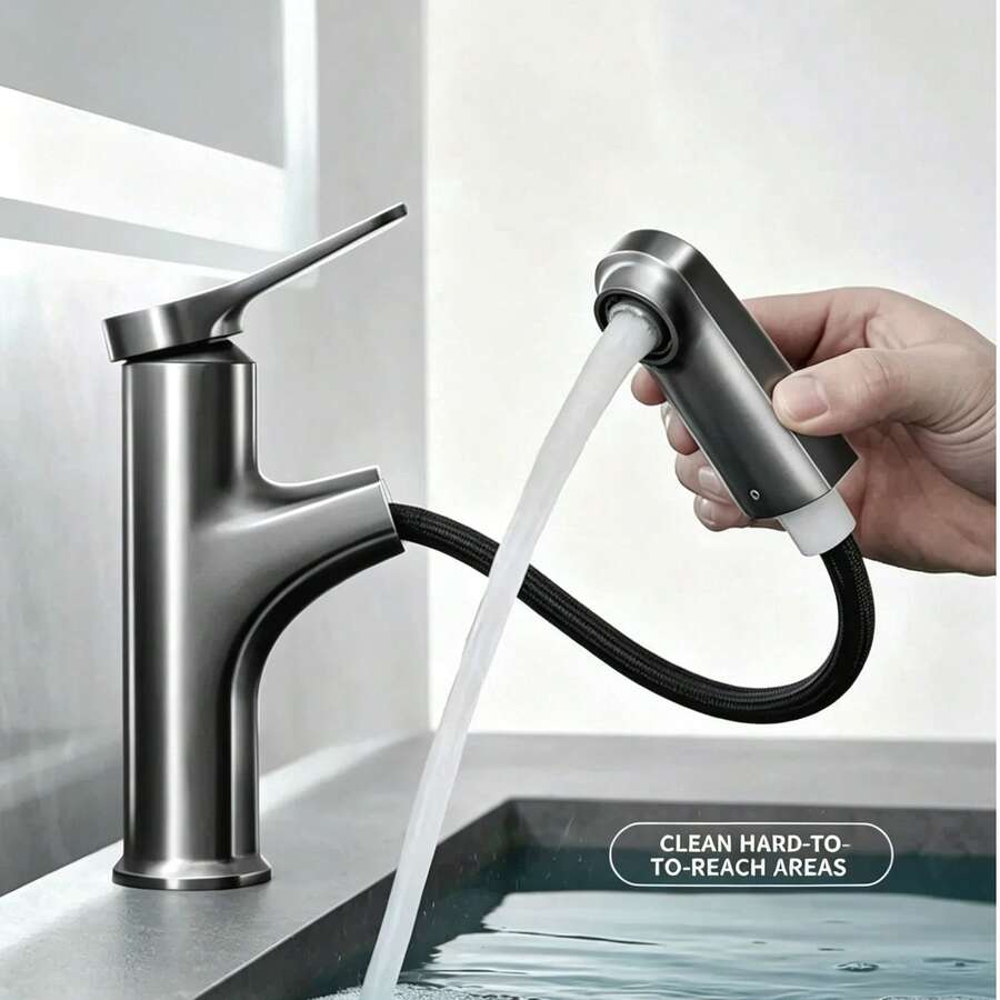 Modern Basin Faucet With Pull Out Sprayer – Soft Bubble Water Saving Aerator, Leak-Proof Ceramic Cartridge, Gunmetal Gray Finish, Single Hole Easy Install - 5934-Gunmetal Gray - View 1