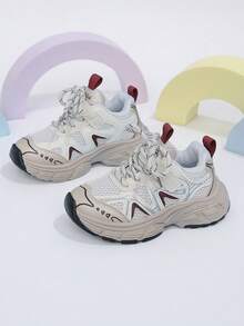 1 Pasang Sepatu Sneakers Anak-Anak Model Retro Jala Kontras Warna Beige & Merah dengan Tali dan Perekat Velcro, Cocok untuk Olahraga Luar Ruangan Sepanjang Musim - Merah - View 5