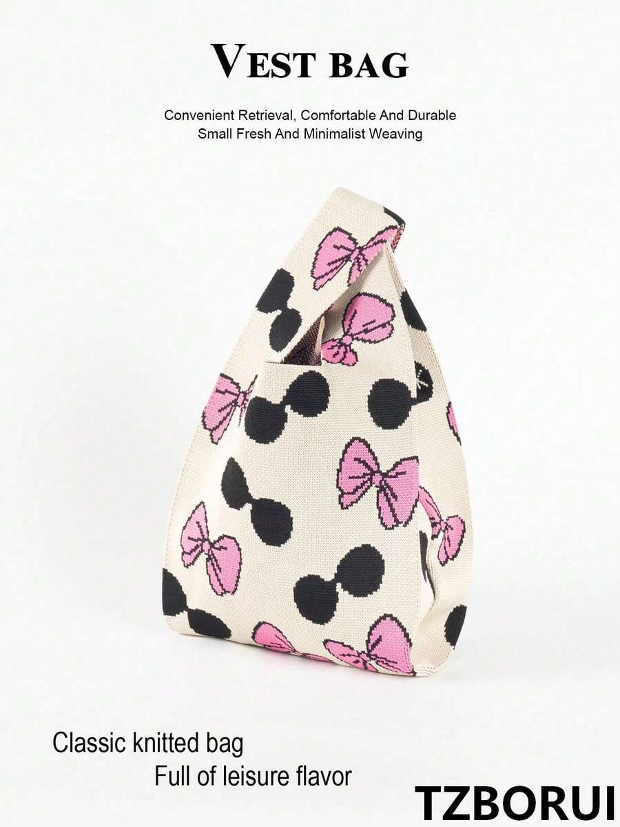 Mini Lightweight Foldable Cute Pink Resin Hollow Breathable Contrast Color Knitted Handbag For Vacation, Photography, Student School, Girls