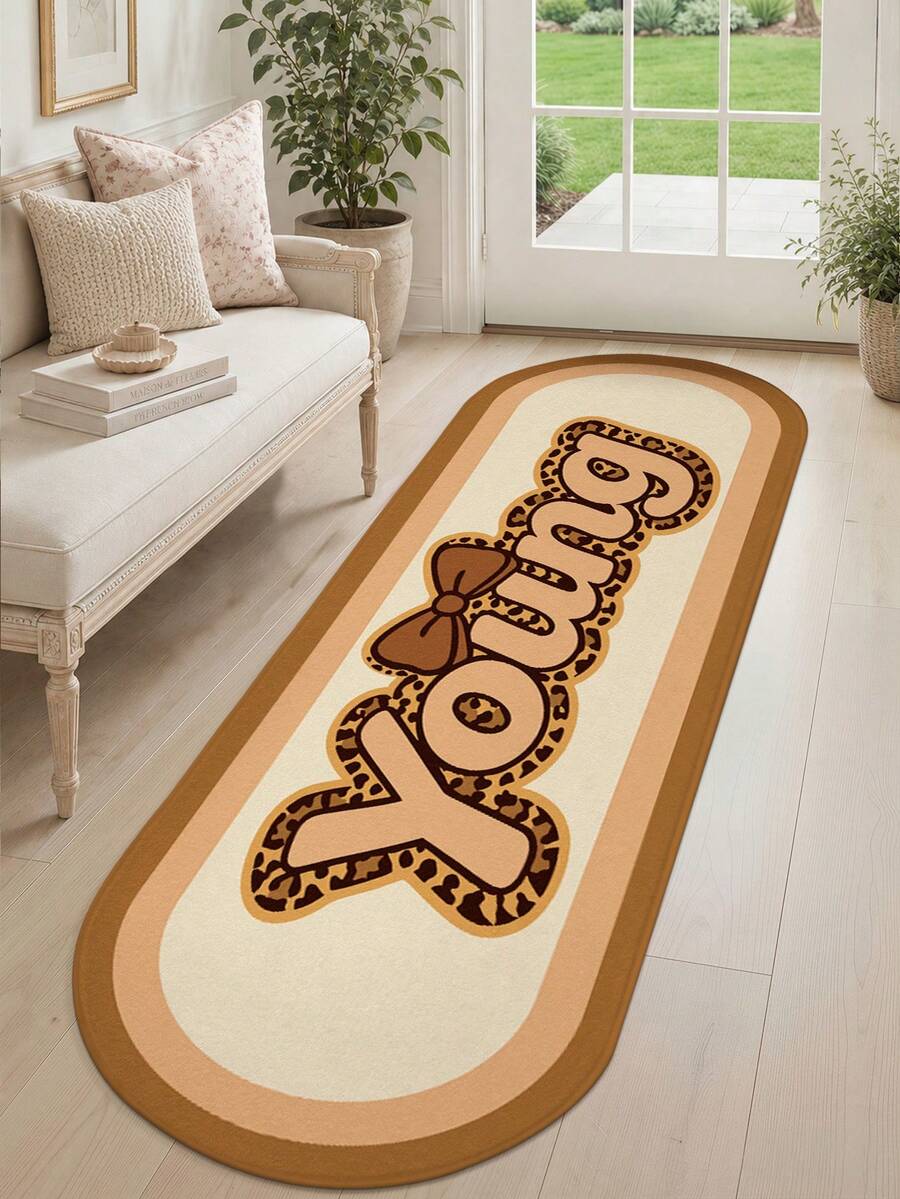 DAJIANG 1pc Leopard Print Bow Oval Long Runner Rug, Suitable For Bathroom, Kitchen, Outdoor, Hallway, Bedroom, Living Room, Machine Washable Easy Clean Non-Slip Entryway Mat, Bedroom Decor Carpet Accessory