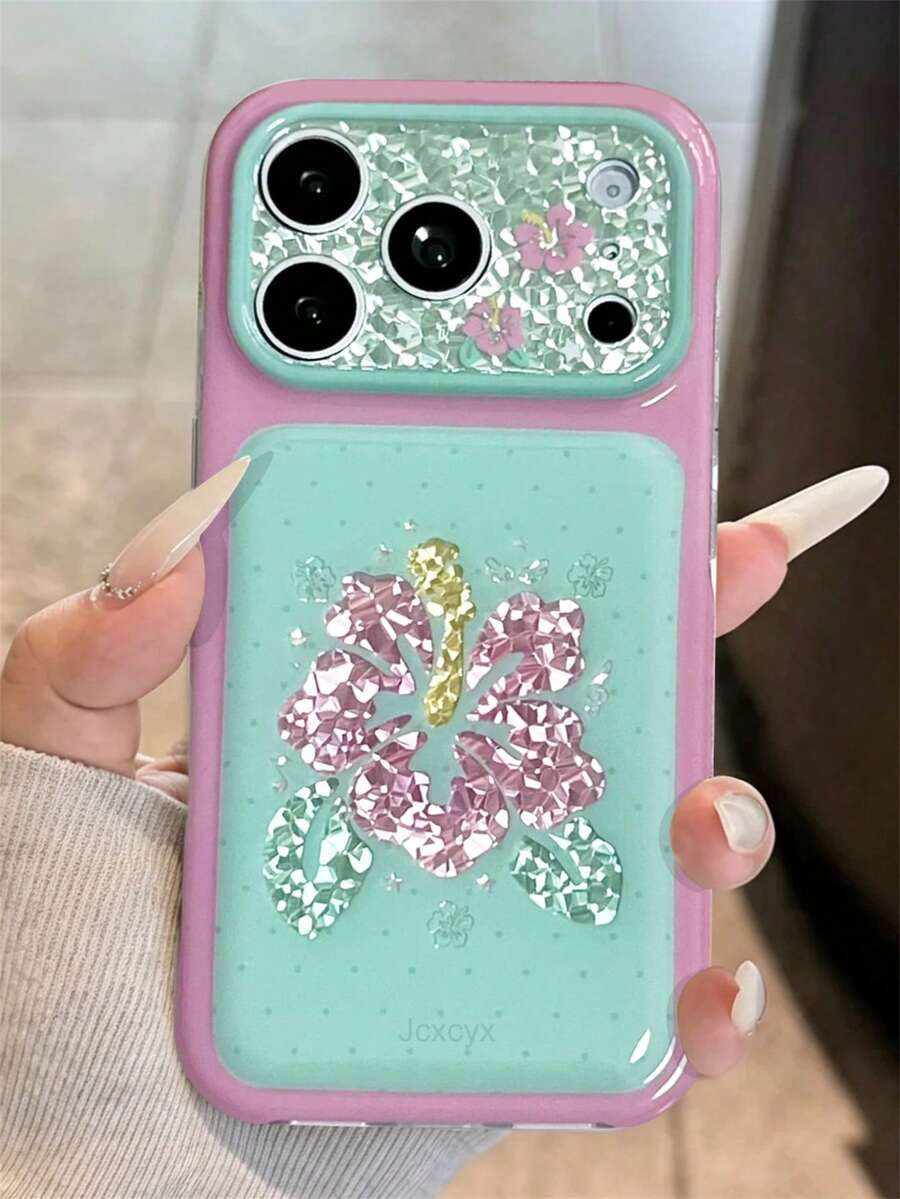 Artistic Shiny Sequin Floral Star Polka Dot Phone Case, Compatible With IPhone 17 Pro Max 17 Pro 17 16 Pro Max 16 Pro 16 15 Pro Max, Rhinestone Textured Camera Protection, Pink Mint Green Contrast Back Shell