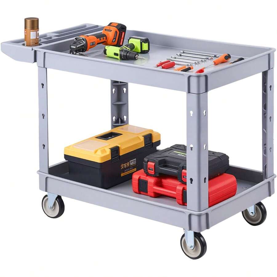 Utility Cart, 550 Lbs Capacity, 2 Tier Service Cart With 360° Swivel & Fixed Wheels (2 With Brakes), Heavy Duty Plastic Rolling With Storage Variant 1 - None - View 1
