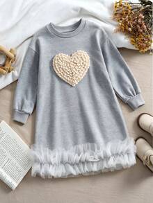 1pc Girls Casual Cute 3D Knitted Heart Mesh Round Neck Long Sleeve Dress, Spring/Autumn - Light Grey - View 1