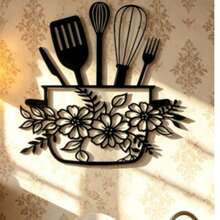 1pc 2D Flat Printed Faux Metal Wall Decor - Black And Colorful Floral Kitchen Decoration With Cooking Utensils Pattern, Modern Farmhouse Style Exquisite Craftsmanship Indoor Wall Hanging Thanksgiving Home Decor - Black - View 6