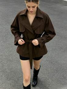Women's Solid Color Waist Tie Fashion Versatile Daily Casual Trench Coat Jacket - Mocha Brown - View 5