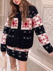 Women's Holiday Snowflake Pattern Cardigan Sweater And Mini Skirt Set, Warm Winter Christmas Knit Set With Buttons - Black - View 5