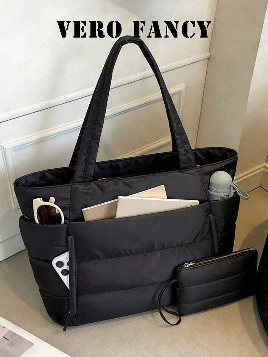 Casual And Minimalist Style, Fashionable Solid Color Series Quilted Tote Bag, Large Capacity Versatile Texture Shoulder Bag, Can Accommodate Tablets - Black - View 1