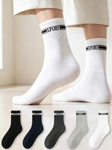 1/5 Pairs Men's Retro Striped SPORT Letter Mid-Calf Socks, Ribbed Cuff, Skin-Friendly Breathable Cotton Socks, Durable Anti-Slip Solid Color Long Socks, Street Casual Fitness Sports Commute Versatile Men's Socks Multi-Color Assortment - Multicolor - View 1