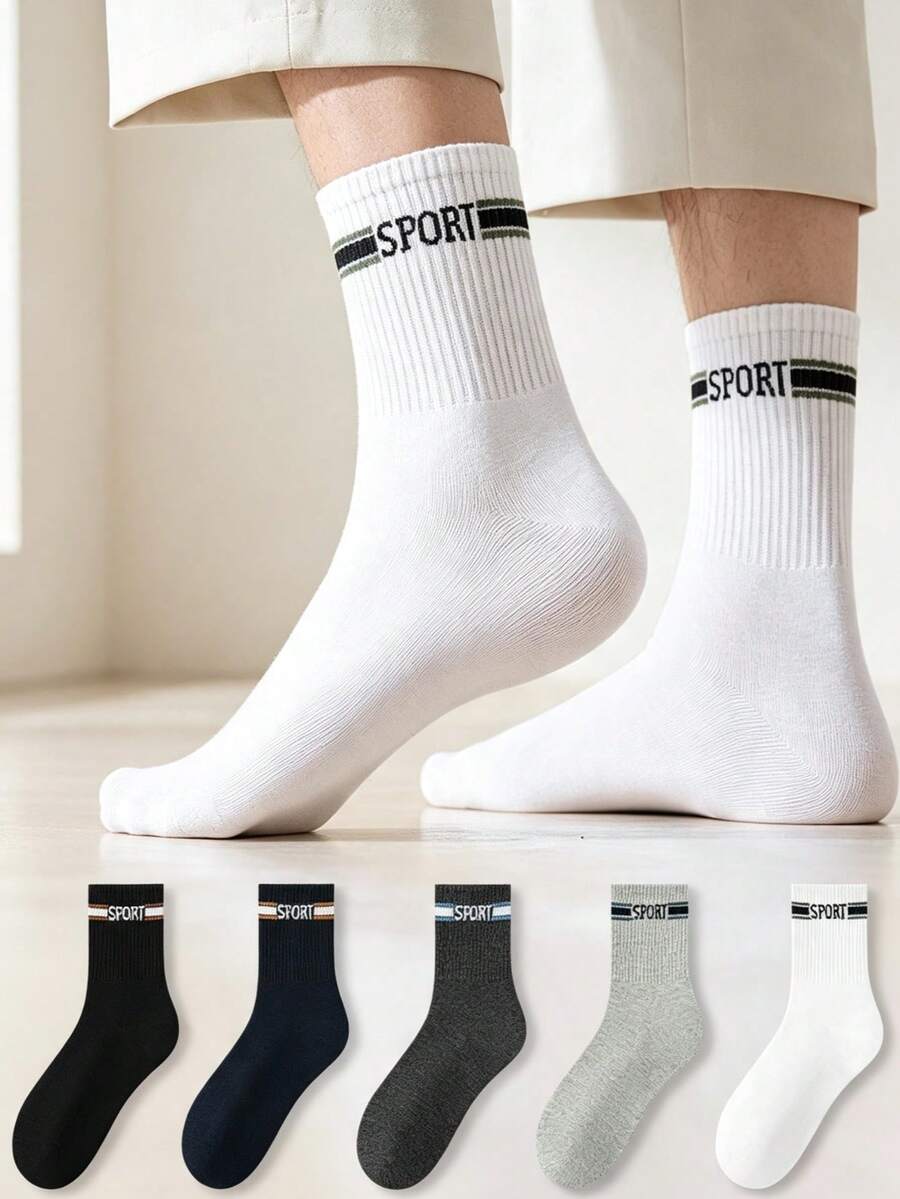 1/5 Pairs Men's Retro Striped SPORT Letter Mid-Calf Socks, Ribbed Cuff, Skin-Friendly Breathable Cotton Socks, Durable Anti-Slip Solid Color Long Socks, Street Casual Fitness Sports Commute Versatile Men's Socks Multi-Color Assortment - Multicolor - View 1