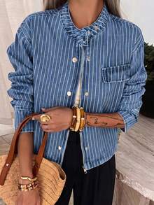 Mobula Sound# Spring/Autumn Versatile Fashion Striped Denim Jacket, College Style, Vacation, Daily, Travel, Airport, Zipper Long Sleeve Denim Jacket For Women - Blue - View 9