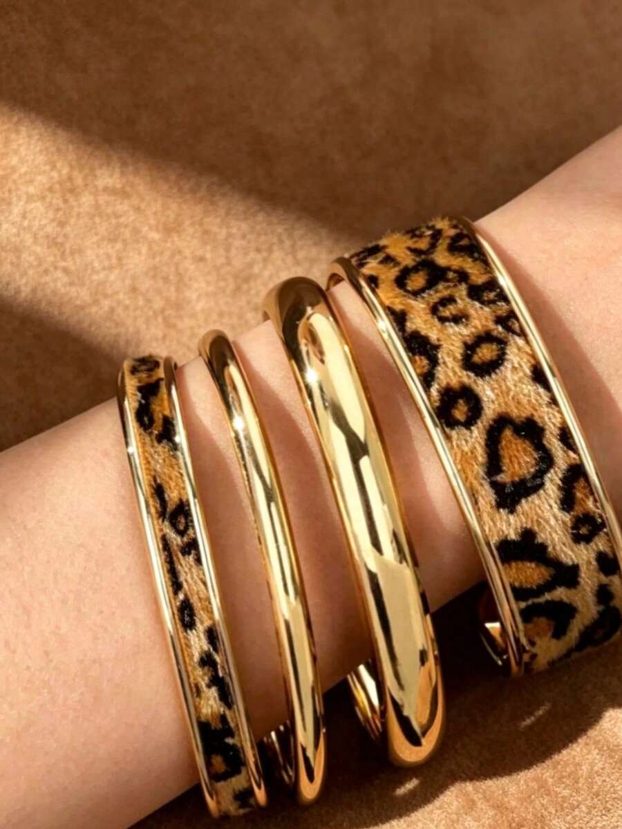 Leopard Print PU Leather Bracelet Minimalist Metal Bracelet, Suitable For Women's Layered Bracelet Set - Gold - View 1