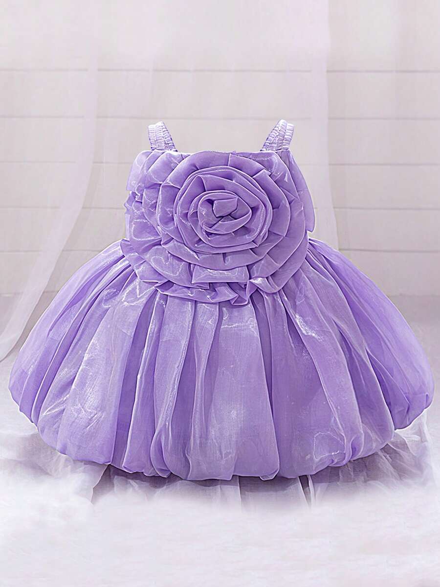 Baby Girls Spaghetti Strap 3D Large Flower Organza Cute Birthday Party Dress, Suitable For Parties, Headband Not Included - Mauve Purple - View 1