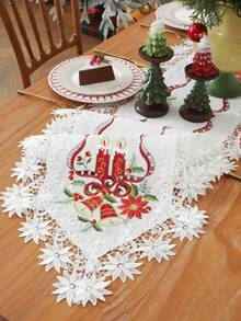 ABEST6522 Home&Living store Christmas Embroidered Lace Table Runner, Hollow Out Design, Candle Bell & Ribbon Pattern Table Flag, Festive Decor For Xmas Dinners & Family Parties - Multicolor - View 18
