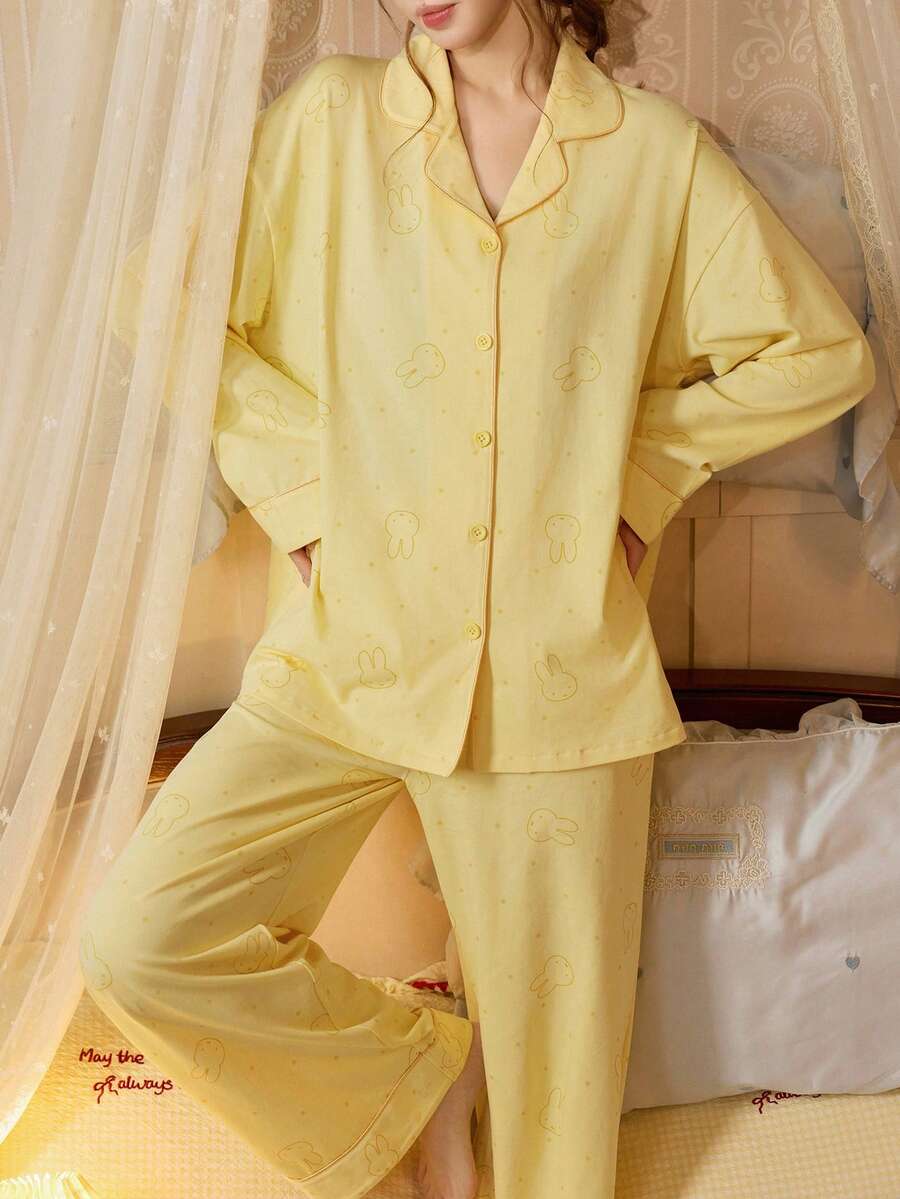 Gongdie 2 Pieces Miffy Women Pajama Set,Spring Fall Yellow Soft Cotton Loungewear With Pocket - Yellow - View 1
