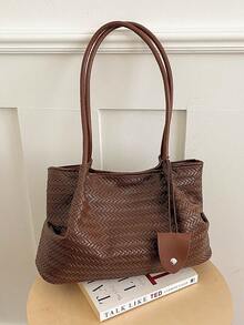 New Elegant Vintage Woven Texture Women's Large Tote Shoulder Bag, Soft Shopping Handbag, Fashionable Office Commute Daily Bag With Leather Charm - Brown - View 4
