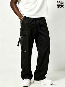 mulinsen Men's Multi-Pocket Straight Leg Drawstring Pants, Zipper Trim Cargo Design, Casual Style, Suitable For Daily And Weekend Wear - Black - View 4