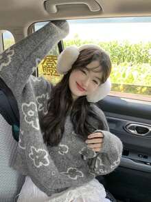 Women's Loose Short Jacquard Knit Cardigan Sweater Jacket, Round Neck, Versatile, Autumn/Winter - Grey - View 2