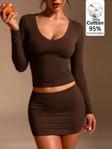 XLLAIS Women's Pure Cotton T-Shirt, Sexy V-Neck, Elastic Fabric, Brown Casual Long Sleeve Top For Autumn/Winter - Brown - View 8