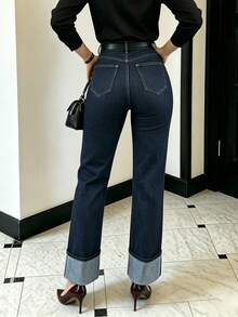 Women's High Waist Straight Leg Jeans, Dark Blue Cuffed Hem Denim Pants, Slim Fit Commuting Casual Versatile Style Fall - Dark Wash - View 6