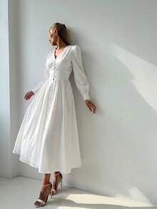 Vestido elegante para mujer con cuello en V, mangas largas abullonadas, cintura alta ceñida con decoración de botones, bajo tipo paraguas, vestido midi de estilo suave para ir al trabajo y citas - Beis - Ver 1