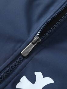 Men's Baseball Collar Casual Jacket With Multiple Cross Print Decorations, American Street Style Outerwear, Basic Everyday Outfit Jacket - Blue - View 3