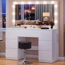 Devoko Dressing Table In Matte White With LED Cosmetic Mirror, Vanity Table Without Stool With 12 LED Lamps, Power Outlets, USB & Type-C, Jewelry Storage And 7 Drawers - 白色+深灰色凳子 - 查看 1