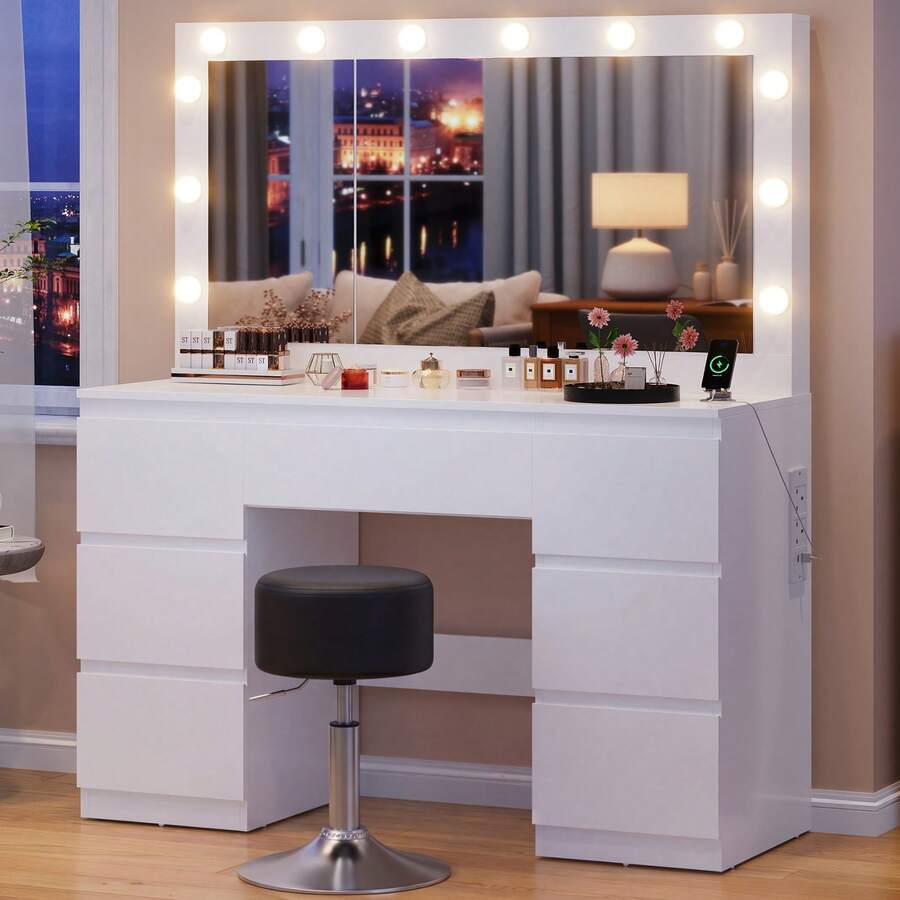 Devoko Dressing Table In Matte White With LED Cosmetic Mirror, Vanity Table Without Stool With 12 LED Lamps, Power Outlets, USB & Type-C, Jewelry Storage And 7 Drawers - 白色+深灰色凳子 - 查看 1