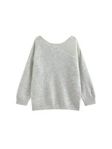 Women's Designer Long Sleeve Sweater, Slouchy Base Layer Top - Light Grey - View 6