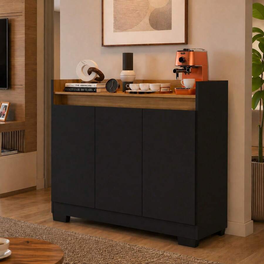 Aparador Buffet Ryzen 3 Portas Moderno Cantinho do Café Sala Cozinha Recepção Balcão - Preto - Visão 1