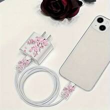 3pcs Pink Cherry Blossom Pattern Data Cable Protective Set, Anti-Breakage Cable Organizer, Compatible With IPhone 20W/18W Charger - Multicolor - View 5