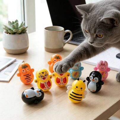 10pcs Random Style Indoor Cat Wobble Toys, Automatic Self-Righting Rolling Cat Toys, No Battery Required, Lightweight Plastic Cat Enrichment Toys