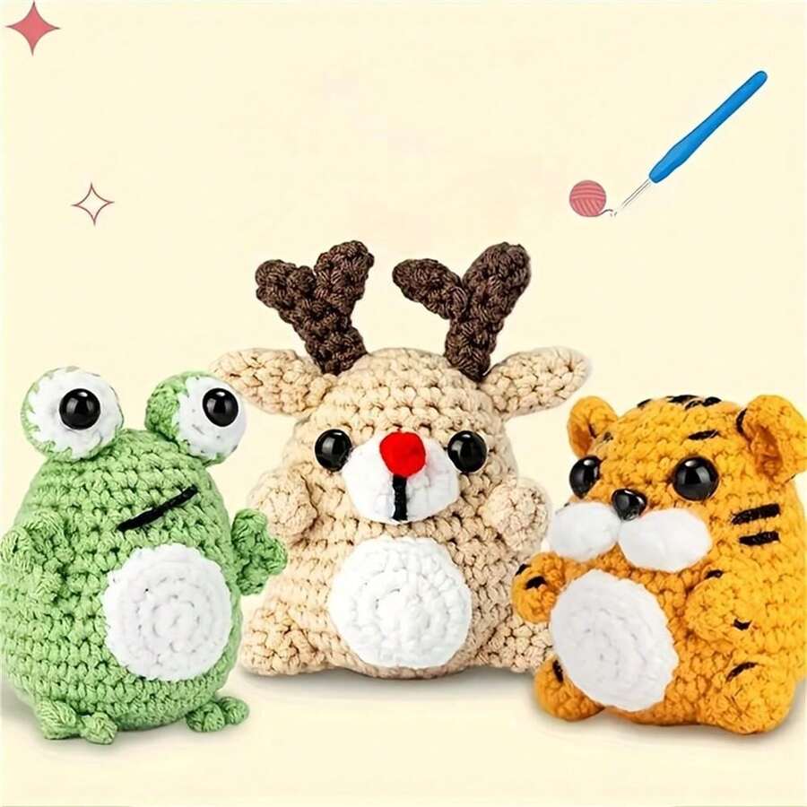 Beginner Crochet Kit, 3pcs Deer Animal Material Pack, Includes Instructions, Yarn, Video Tutorial, Suitable As A Gift For Craft Enthusiasts - Multicolor - View 1