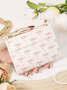 Ladies' Bow Printed Short Zipper Coin Purse, Portable Card Bag Wallet, Suitable For Daily Shopping And Travel - Pink - View 18