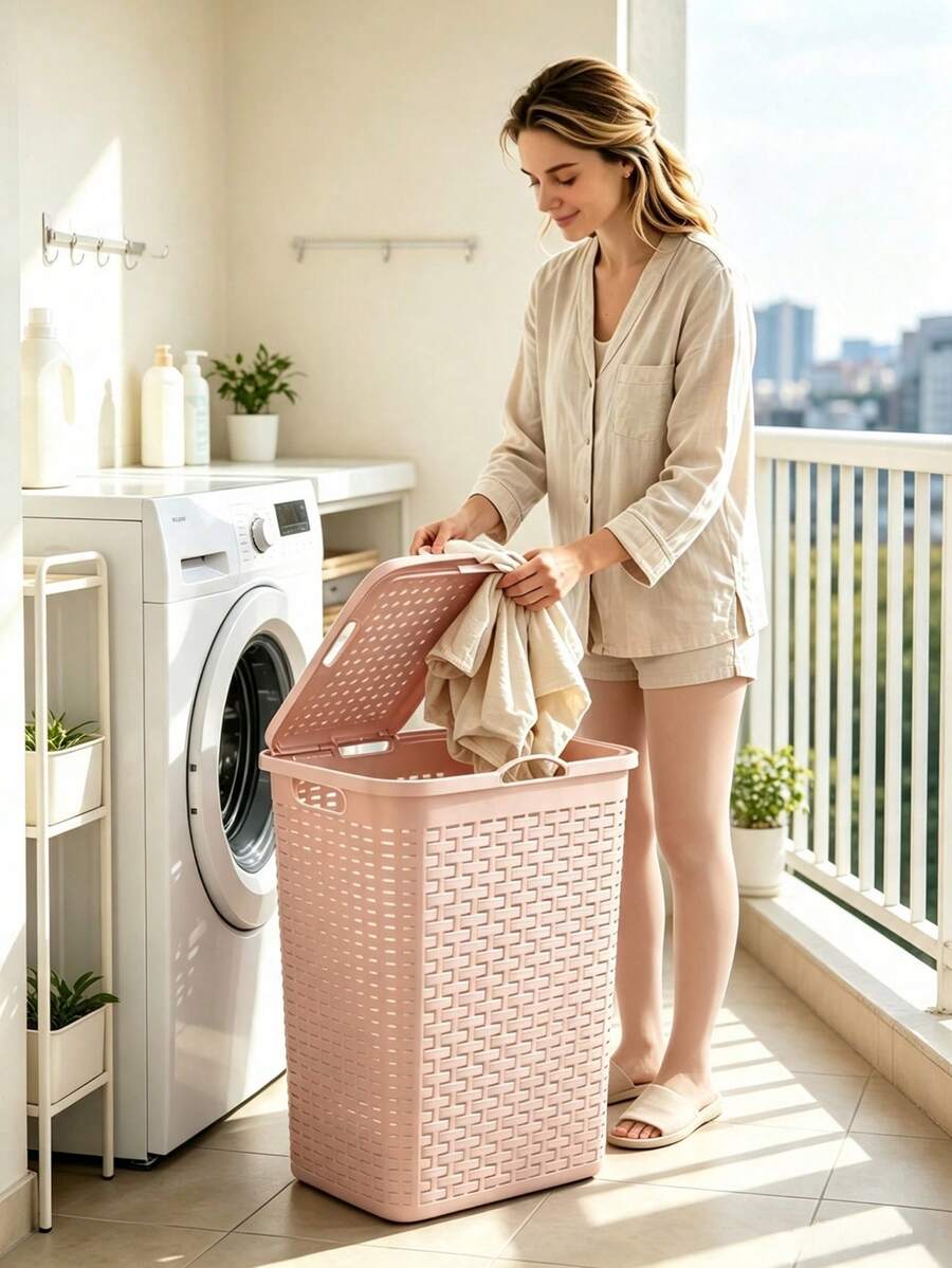 سلة غسيل من البلاستيك بتصميم الروطان مع بطانية، شبكة مجوفة قابلة للتنفس، سعة كبيرة مع مقابض محمولة، مقاومة للرطوبة لتخزين الملابس، مناسبة للحمام وغرفة الغسيل والشرفة والسكن الجامعي، مثالية للعائلات والبالغين والطلاب - متعدد الألوان - مشاهدة 1