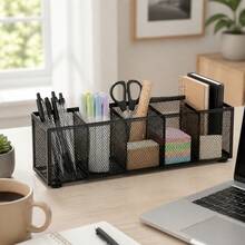Black Mesh Pen Holder, 5-Slot Desk Organizer With Non-Slip Base, Multi-Functional Storage Caddy For Office Supplies & School Desktop - Rectangle - View 4