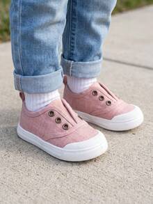 1 paire de chaussures plates en canevas rose pour petites filles, style minimaliste doux et sucré, à enfiler avec boutons, confortables, basses, décontractées, adaptées au printemps et à l'automne, pour pique-nique en plein air et promenade au jardin - Rose bonbon - Voir 2