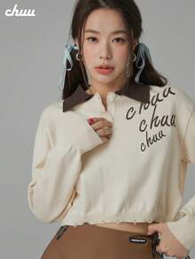 CHUU Letter Embroidered Knit Sweater Women Autumn POLO Collar Long Sleeve Short Pullover - Apricot - View 3