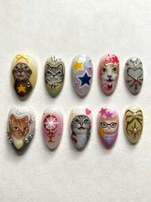 10pcs Y2K Style Funny Cat Expression Star Bow Colorful Rhinestone Acrylic Nail Art Decals, Medium Almond Shape Press-On Fake Nails, Suitable For Girls And Women Daily Commute, Party And Gathering Nail Art - Multicolor - View 1