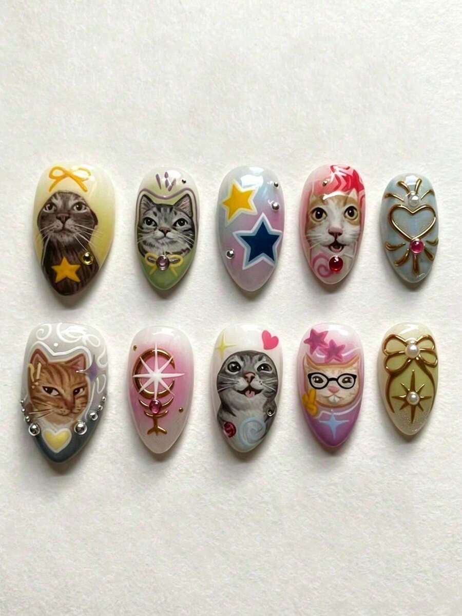 10pcs Y2K Style Funny Cat Expression Star Bow Colorful Rhinestone Acrylic Nail Art Decals, Medium Almond Shape Press-On Fake Nails, Suitable For Girls And Women Daily Commute, Party And Gathering Nail Art - Multicolor - View 1