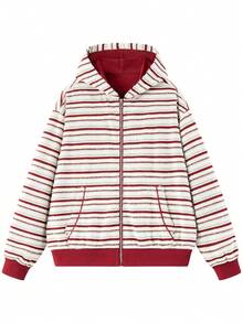 NBCT Women's Striped Hooded Zip-Up Jacket, Multi-Color Options, Loose Fit Versatile Outdoor Sports Jacket - Red - View 2