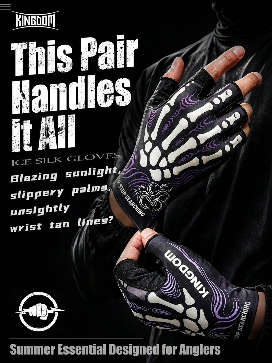 KINGDOM Ice Silk Fingerless Fishing Gloves Breathable Lightweight Anti-Slip Microfiber Palm Gloves With Extended Wrist Cuff Flexible Fingerless Design Snap Button Closure For Lure Fishing Anglers Outdoor Sports - Multicolor - View 1