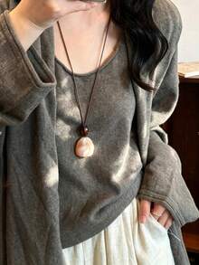 1pc Vintage Minimalist Faux Stone Long Sweater Necklace, Brown Wax Cord Layered Necklace - Multicolor - View 3