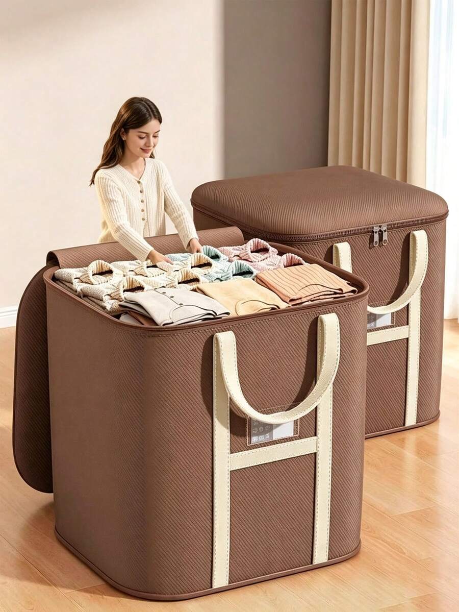 1pc Extra Large Capacity Storage Box, Closet Organizer, Wardrobe Storage, Clothes & Blanket Storage, College Dorm Essential, Storage Room Container, Toy Storage Box, Laundry Basket - Brown - View 1