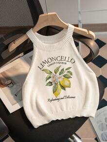 Blusa de cuello redondo sin espalda con estampado de limón, minimalista y de moda, adecuada para el uso diario, top de verano para mujer en blanco - Blanco - Ver 2