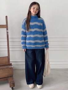 Girls' & Teens' Colorblock Striped Mock Neck Faux Mink Fur Knit Sweater, Casual Warm Top - Blue - View 3