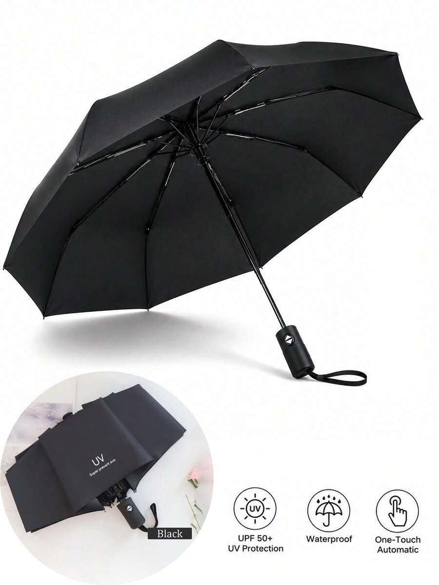 1/2件陽傘+傘架，便攜式戶外防雨防曬一鍵自動開/關傘，女士8骨折疊傘，旅行必備，折疊傘，度假必需品，女士雨傘，防雨防風傘